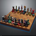 Colorful Decorative Chessboard With Diverse Shaped Pieces On Wooden Board