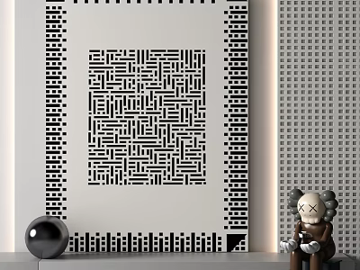 Black and White Maze Pattern Artwork with Small Doll and Black Sphere on Shelf 3d model