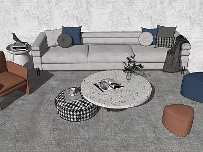 Modern Grey Sofa and Coffee Table Set with Colorful Cushions Ottoman and Chair 3d model