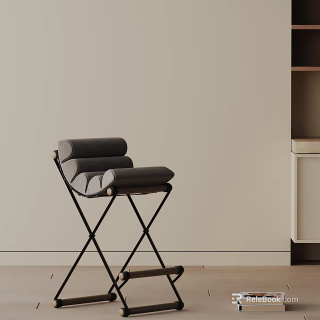 Modern Gray Padded Seat Bar Stool With Black X Shaped Metal Frame In Kitchen Interior 3d model 