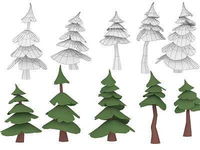 Cartoon Scene With Stylized Trees In Different Designs Green Foliage And Brown Trunks 3d model
