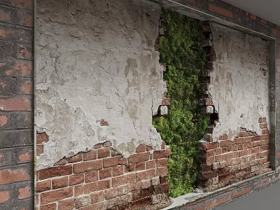 Rustic Background Wall with Peeling Paint Exposed Red Bricks and Growing Green Moss 3d model