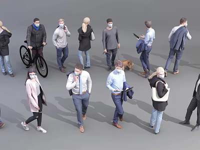 Group of People Wearing Masks Walking Outdoors With Daily Clothes And Accessories 3d model