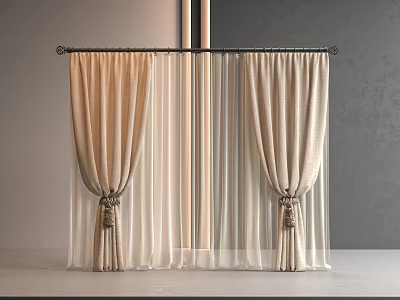 Beige And White Layered Curtain Design With Sheer Fabric And Decorative Tiebacks 3d model