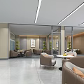 Spacious Modern Lounge Area With Beige Seating Round White Tables Large Windows And Green Plants