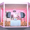 Public Office Area Interior Featuring Pink Booth Lighting Equipment And Decorative Table 3d model