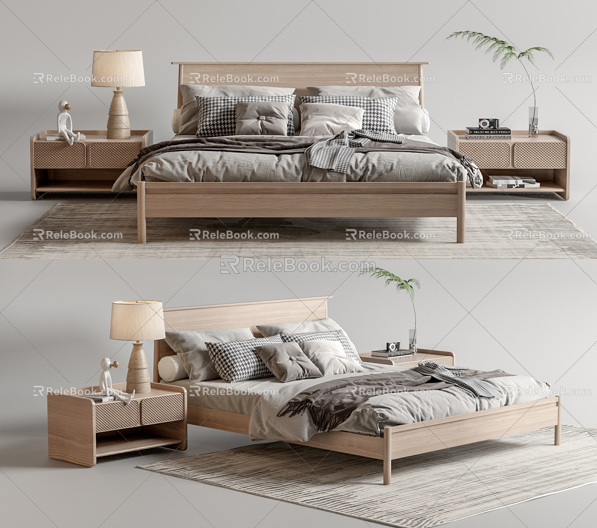 Nordic Double Bed Solid Wood Double Bed 3d model