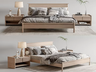 Modern Wooden Double Bed Bedroom Setup With Nightstands And Bedding 3d model