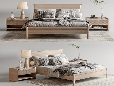 Nordic Double Bed Solid Wood Double Bed 3d model