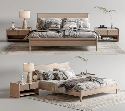 Modern Wooden Double Bed Bedroom Setup With Nightstands And Bedding 3d model