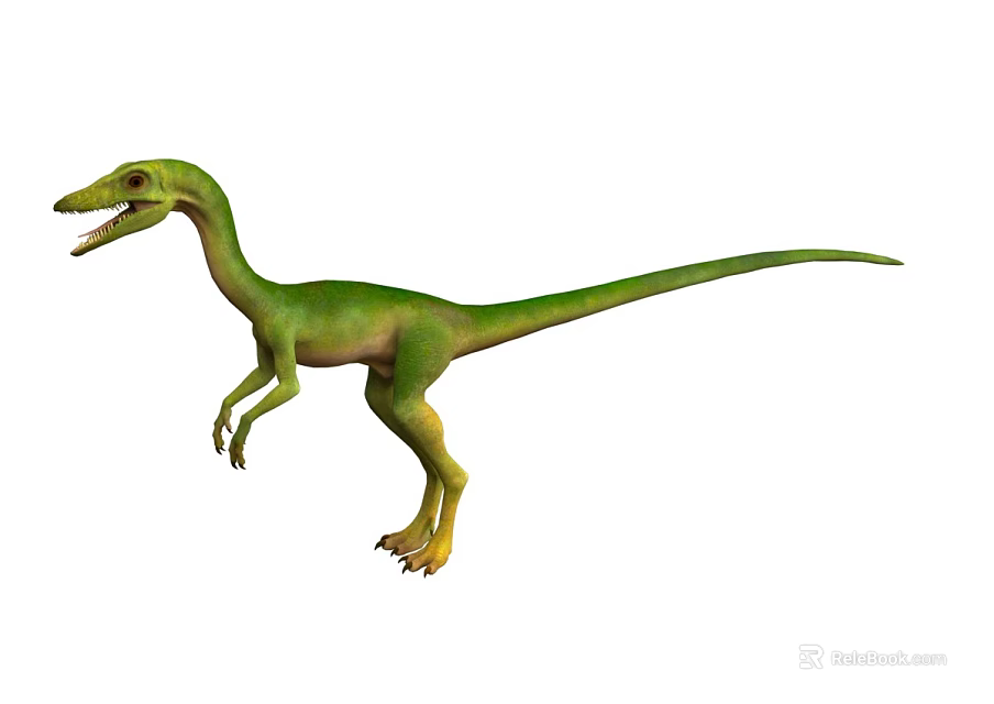 Green And Yellow Prehistoric Dinosaur With Long Tail And Sharp Teeth 3d model 
