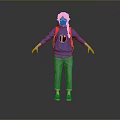 Woman wearing blue hoodie with headphone graphic red backpack gray pants purple shoes gray background