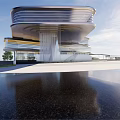 Modern Exhibition Entrance Architectural Design With Glass Metal Structure And Brick Paved Plaza