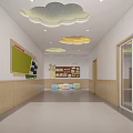 Child Friendly Elevator Hallway With Cloud Shaped Ceiling Decorations Chalkboard Windmill Display Shelf And Colorful Stools 3d model