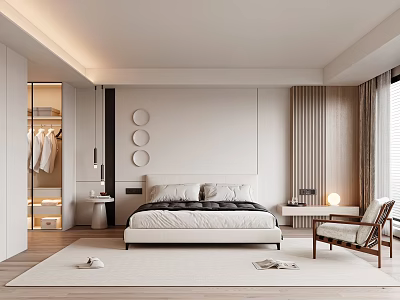 Modern Bedroom Interior With Bed Open Closet Linen Curtains Circular Wall Decor And Wooden Armchair 3d model