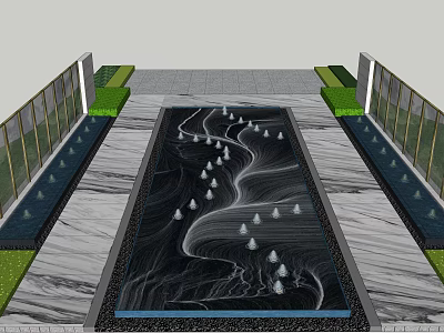 Residential Landscape Design With Wavy Water Feature Small Trees And Symmetrical Green Belts 3d model