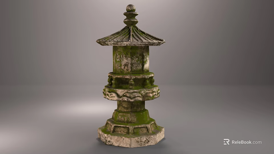 Traditional Garden Landscape Featuring Mossy Stone Lantern With Layered Ornamental Design 3d model 