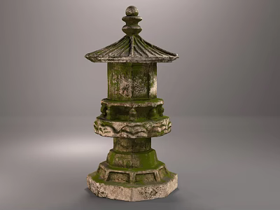 Traditional Garden Landscape Featuring Mossy Stone Lantern With Layered Ornamental Design 3d model