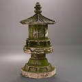 Traditional Garden Landscape Featuring Mossy Stone Lantern With Layered Ornamental Design