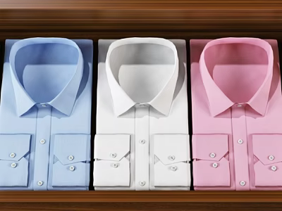 Stylish Blue White Pink Shirts Neatly Arranged In Wooden Wardrobe 3d model