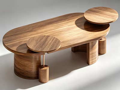 Modern Walnut Coffee Table with Oval Top Circular Side Tables and Cylindrical Legs 3d model