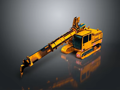 Yellow Excavator With Long Mechanical Arm Tracked Chassis And Cab On Gray Background With Reflection 3d model