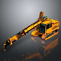 Yellow Excavator With Long Mechanical Arm Tracked Chassis And Cab On Gray Background With Reflection