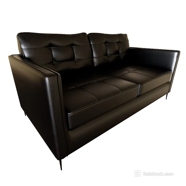Modern Black Leather Two-Seater Sofa With Tufted Design And Metal Legs 3d model