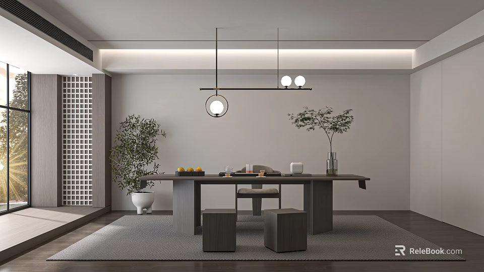 Modern Minimalist Tea Table Chairs And Stools With Pendant Lights Green Plants And Tea Sets 3d model 