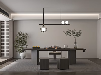 Modern Minimalist Tea Table Chairs And Stools With Pendant Lights Green Plants And Tea Sets 3d model