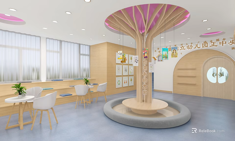 Bright Kindergarten Interior With Tree Shaped Wooden Structure And Activity Area 3d model 