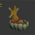 Detailed Wooden Windmill Model On Rock Base With Small Trees And Grass