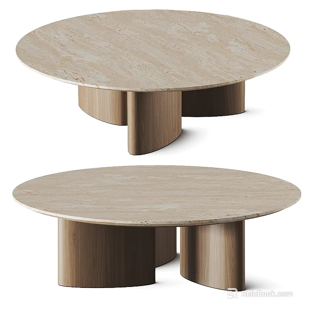 Round Coffee Table With Beige Marble Top And Wooden Cylindrical Legs Design 3d model 