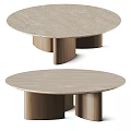 Round Coffee Table With Beige Marble Top And Wooden Cylindrical Legs Design