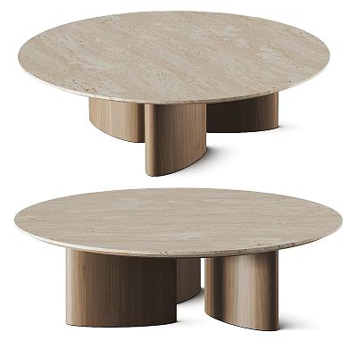 Round Coffee Table With Beige Marble Top And Wooden Cylindrical Legs Design 3d model