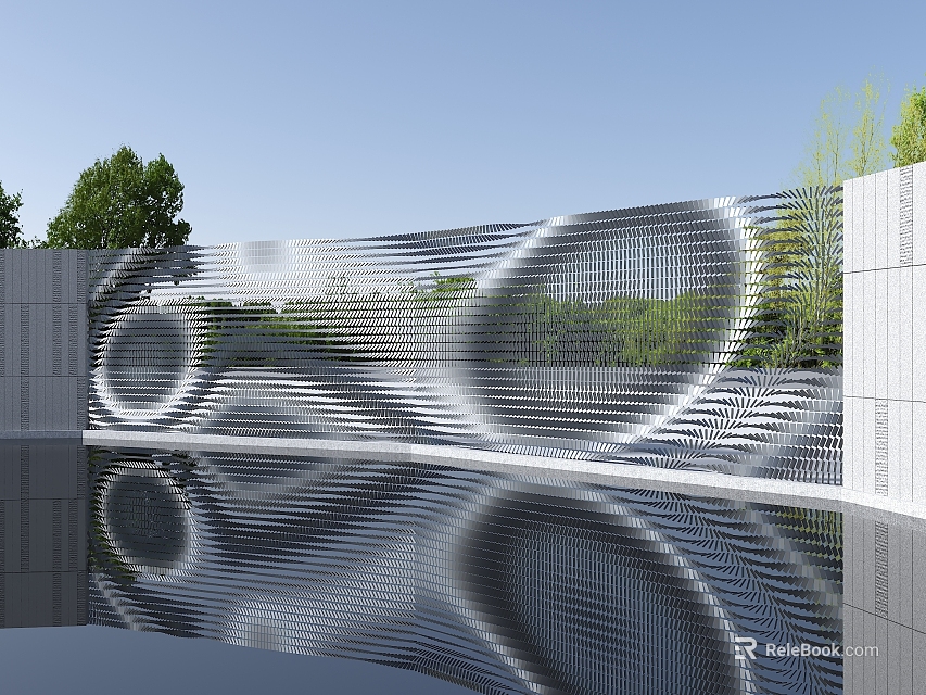 Modern Feature Wall Design With Metal Mesh Circular Patterns And Water Reflection 3d model 