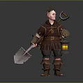Detailed 3D Character Sculpture of Worker with Shovel and Lantern in Brown Outfit