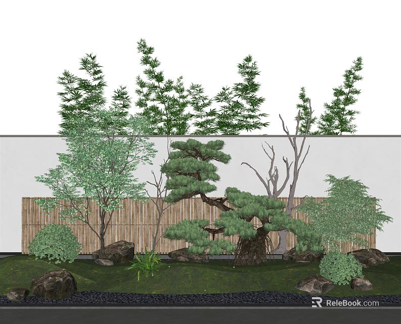 Traditional Courtyard Garden with Bamboo Fence White Wall Pine Tree Stones and Green Shrubs 3d model 
