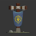 Medieval Cross Structure With Blue Banner Yellow Lion Emblem And Stone Details On Green Grass