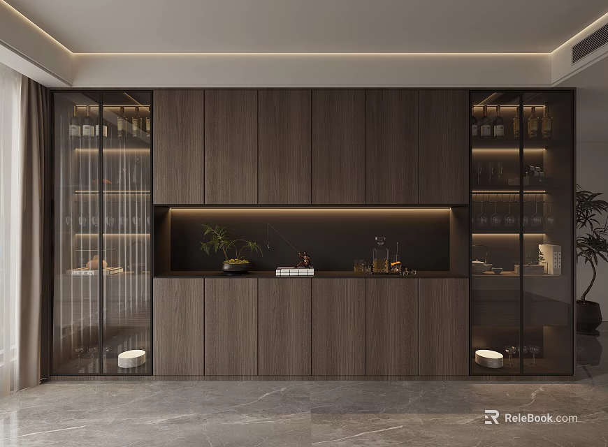 Modern Wine Cabinet Design With Wooden Frame Glass Doors And LED Lighting 3d model 