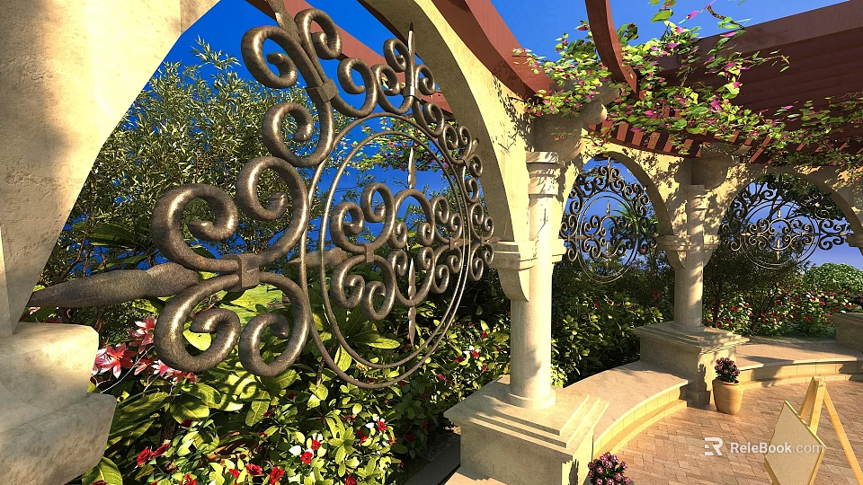 Ornate Ironwork Water Fountain In Arched Garden With Climbing Vines And Colorful Flowers 3d model 