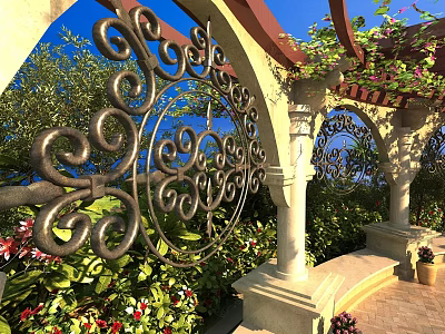Ornate Ironwork Water Fountain In Arched Garden With Climbing Vines And Colorful Flowers 3d model