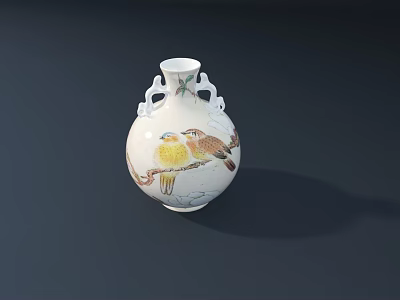 Decorative Ceramic Vase With Double Loop Handles And Bird Patterns On Branches 3d model