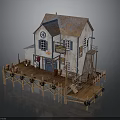 Vintage Cabin Structure With Rusted Roof Wooden Dock Staircase And Storefront Sign