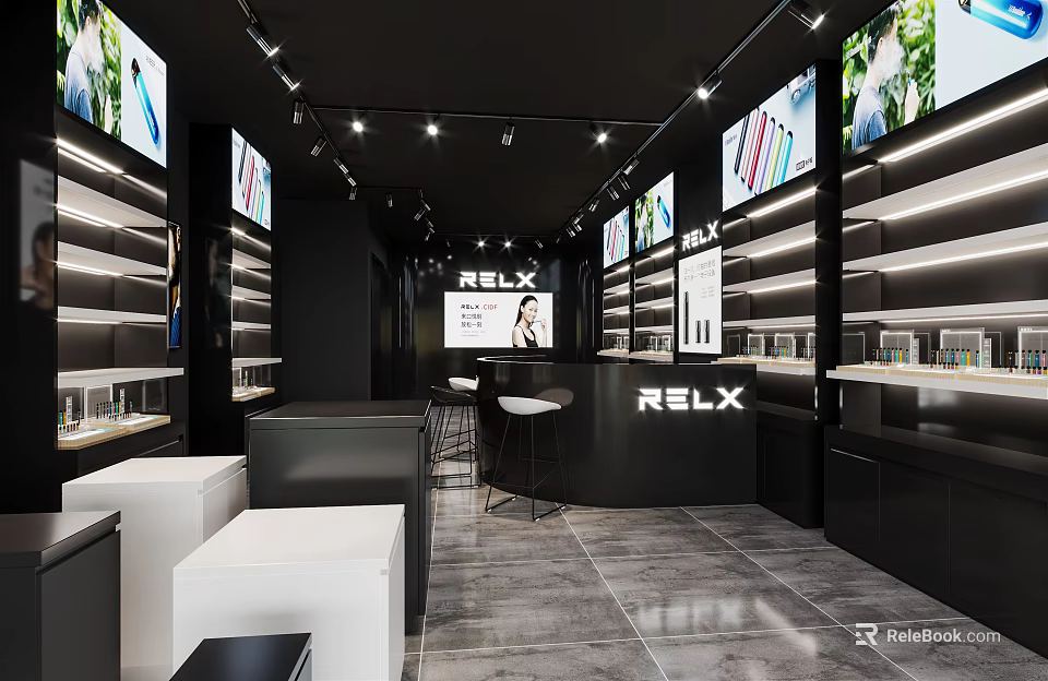 Modern Tobacco Alcohol Store Interior Design With Display Shelves Large Screens And Bar Counter 3d model 