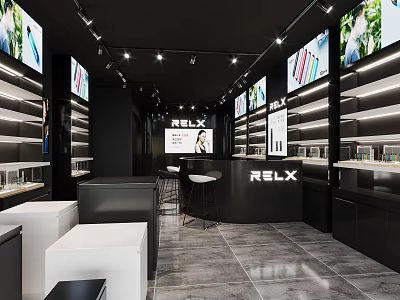 Modern Tobacco Alcohol Store Interior Design With Display Shelves Large Screens And Bar Counter 3d model