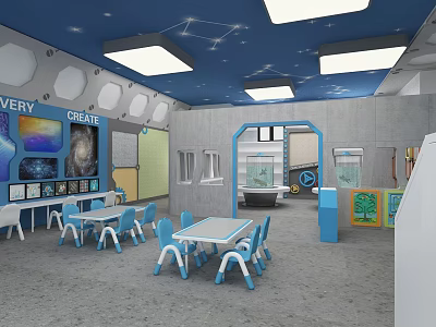 School Classroom With Blue Starry Ceiling Tables Chairs And Create Murals Environment 3d model