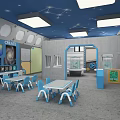 School Classroom With Blue Starry Ceiling Tables Chairs And Create Murals Environment 3d model