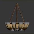 Modern Lighting Fixture Set With Brown Rope Circular Structure And Orange Blue Lamp Cups
