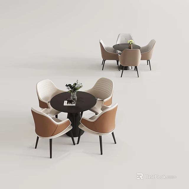 Modern Round Table and Chair Set With White Brown Chairs Black Tabletop Vase and Book 3d model 